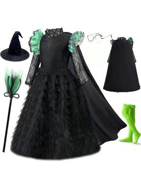 6 PCS Elphaba Witch Black Costume Dress Halloween Set OZ Girls 7-8 Years